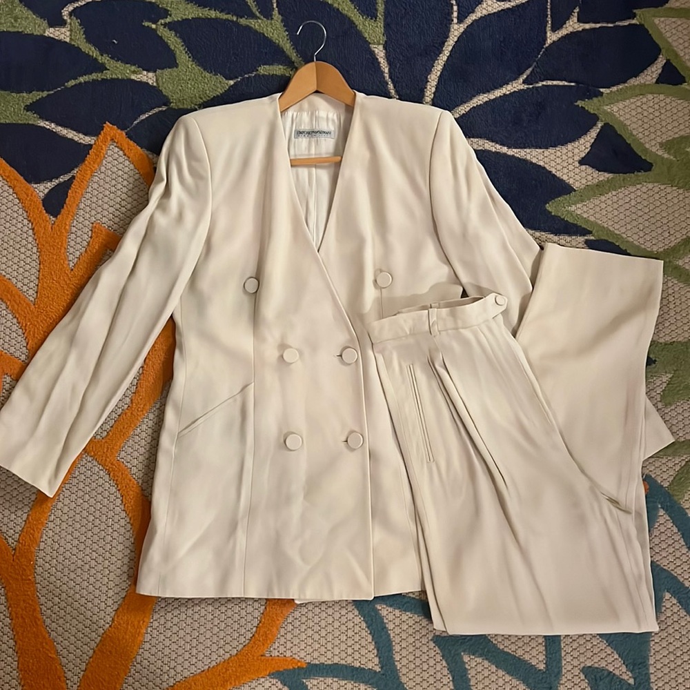 Emporio Armani Cream Double-Breasted Blazer and Trousers